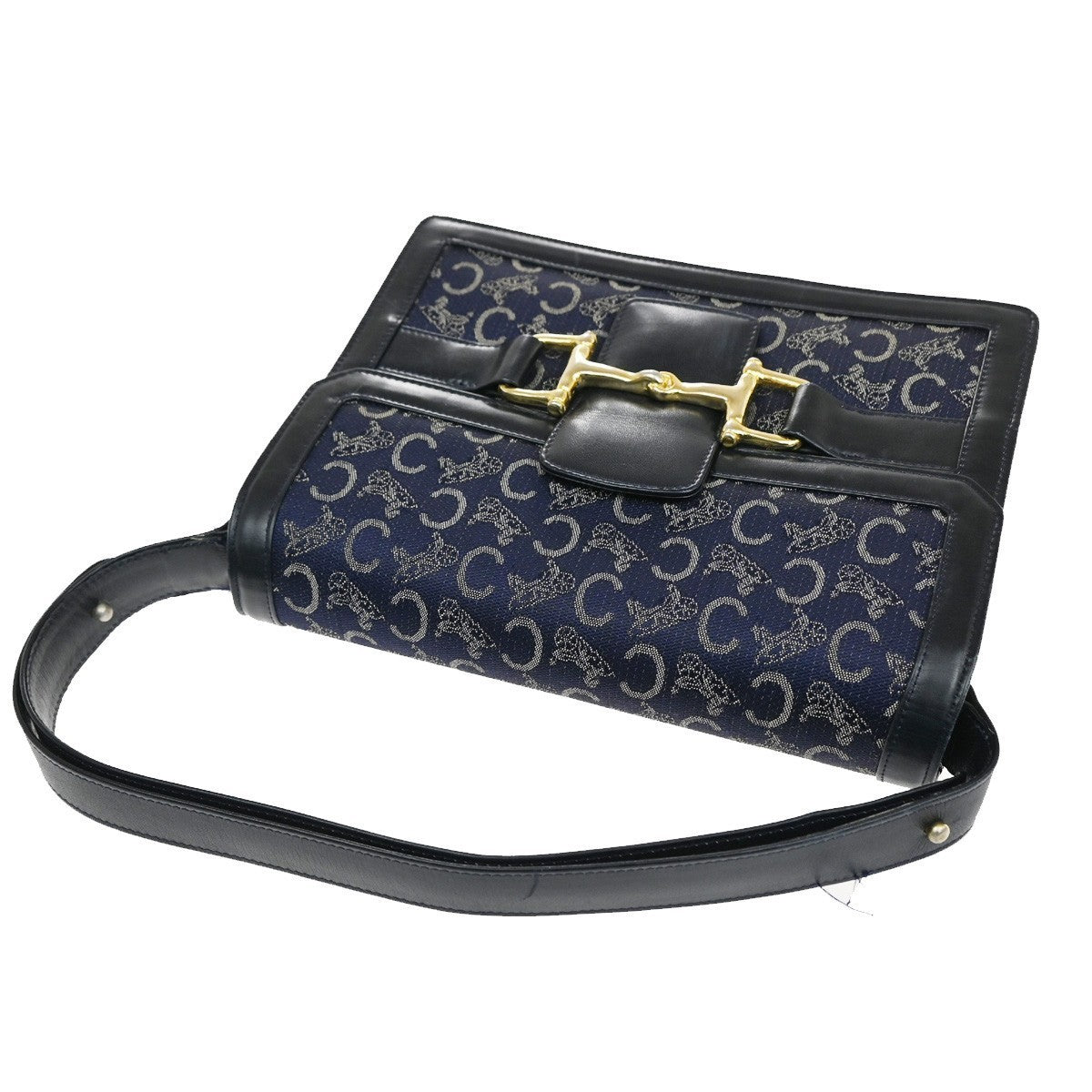 CELINE Logo C Macadam Horse Carriage Shoulder Bag Canvas Leather Navy 31CA386