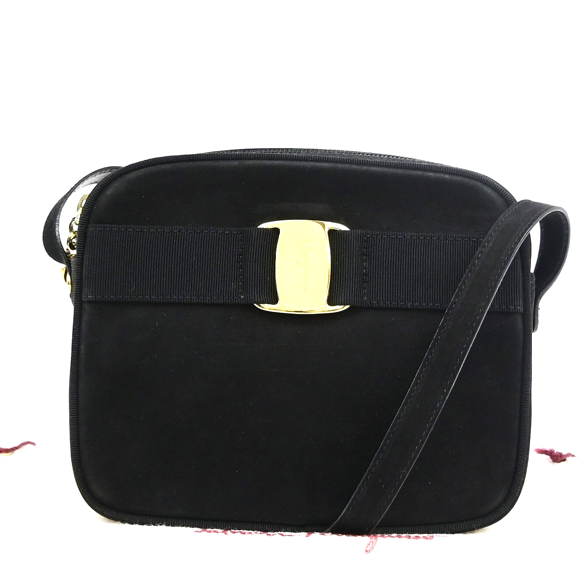SALVATORE FERRAGAMO Logo Vara Mini Shoulder Bag Suede Leather Black GHW 36KD113