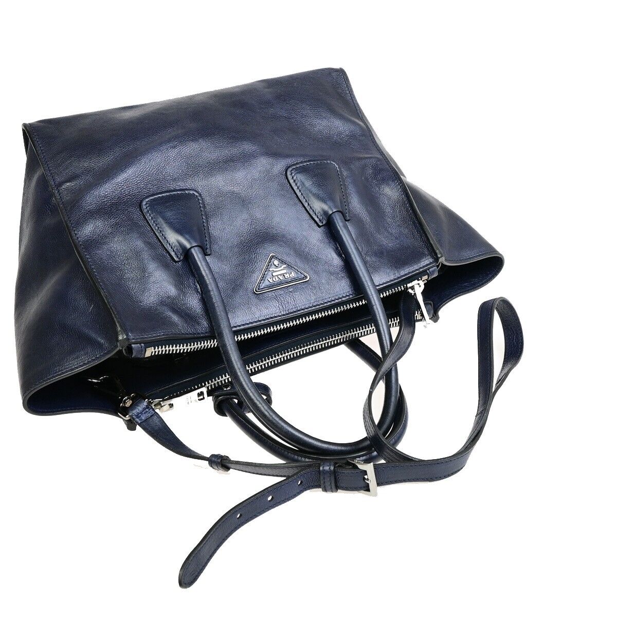 PRADA MILNO Logo 2Way Shoulder Hand Bag Leather Navy Blue Silver-Plated 10ED918