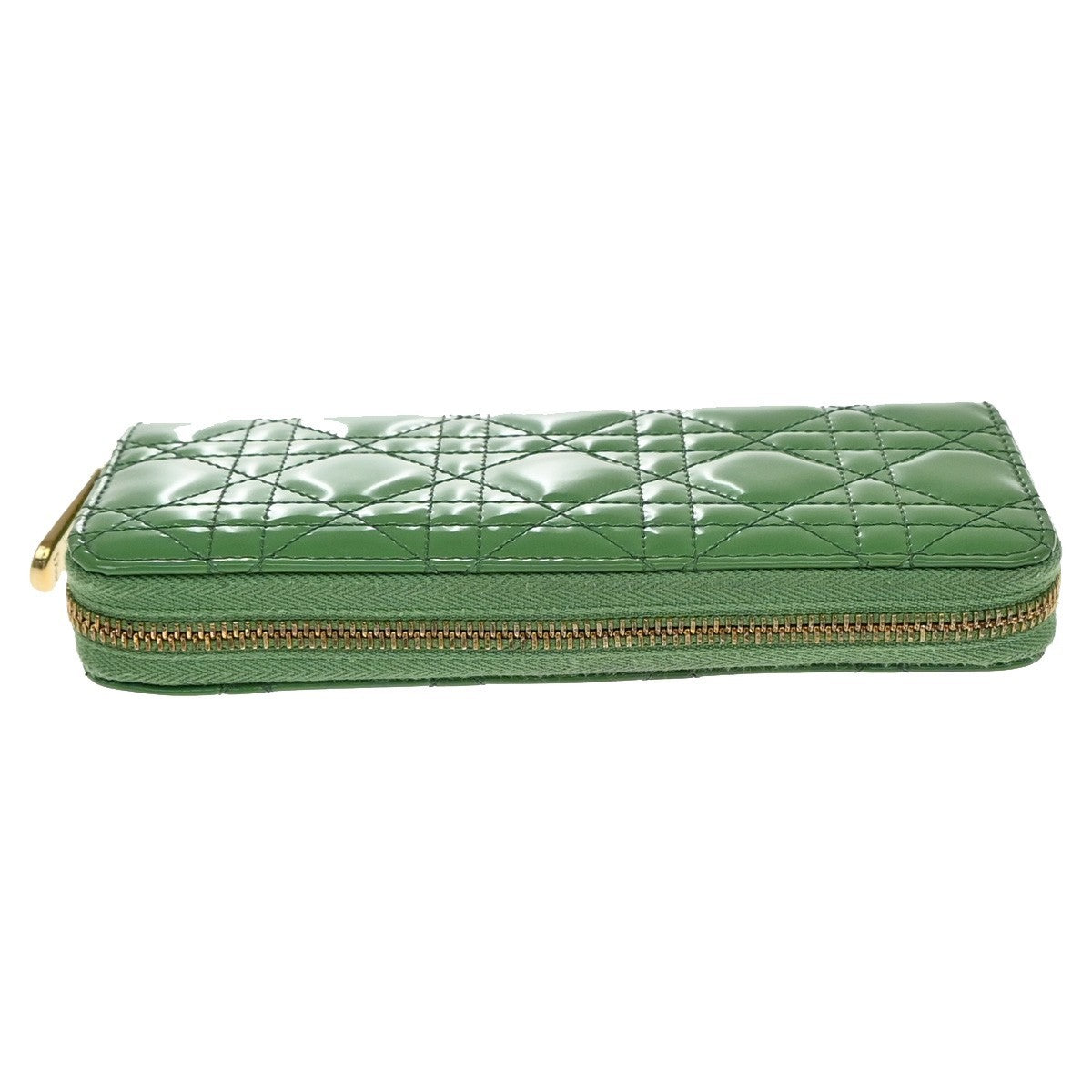 CHRISTIAN DIOR Logo Cannage Zip Around Long Wallet Patent Leather Green 36EG143