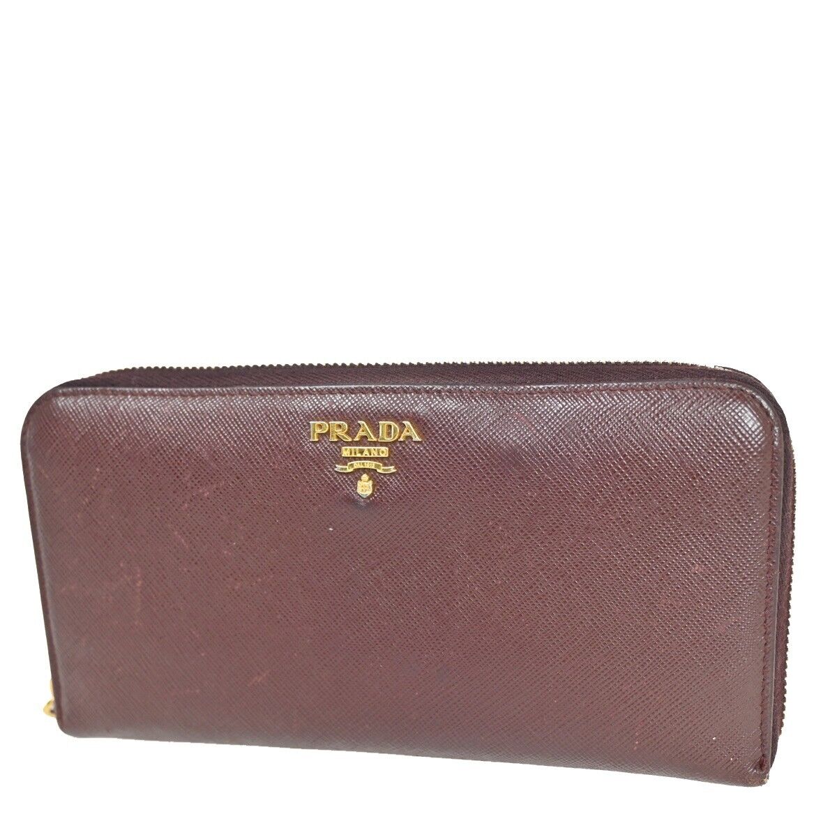 PRADA Logo Saffiano Long Zipper Wallet Purse Leather Brown GHW Italy 02YD998