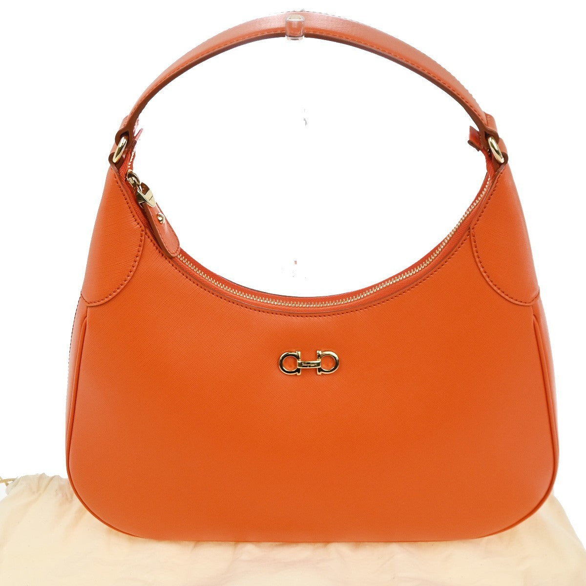 SALVATORE FERRAGAMO Gancini Logo Shoulder Bag Leather Orange GHW Italy 72RL709