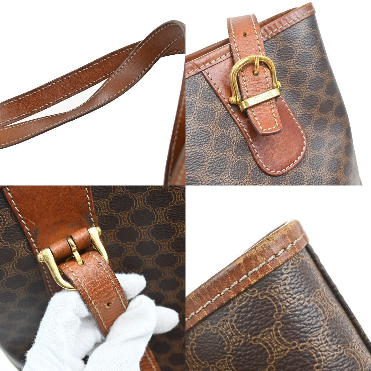 CELINE Logo Macadam Pattern Shoulder Bag PVC Leather Brown Italy Gold 04FC142