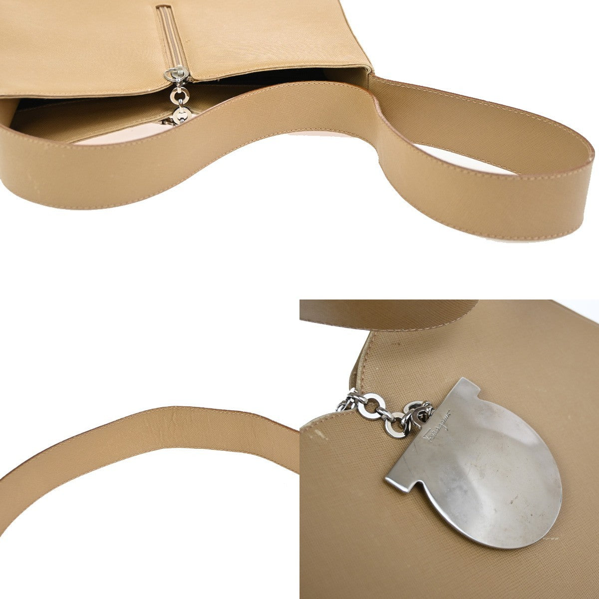 SALVATORE FERRAGAMO Logo Gancini Shoulder Bag Leather Beige SHW Italy 62KC642