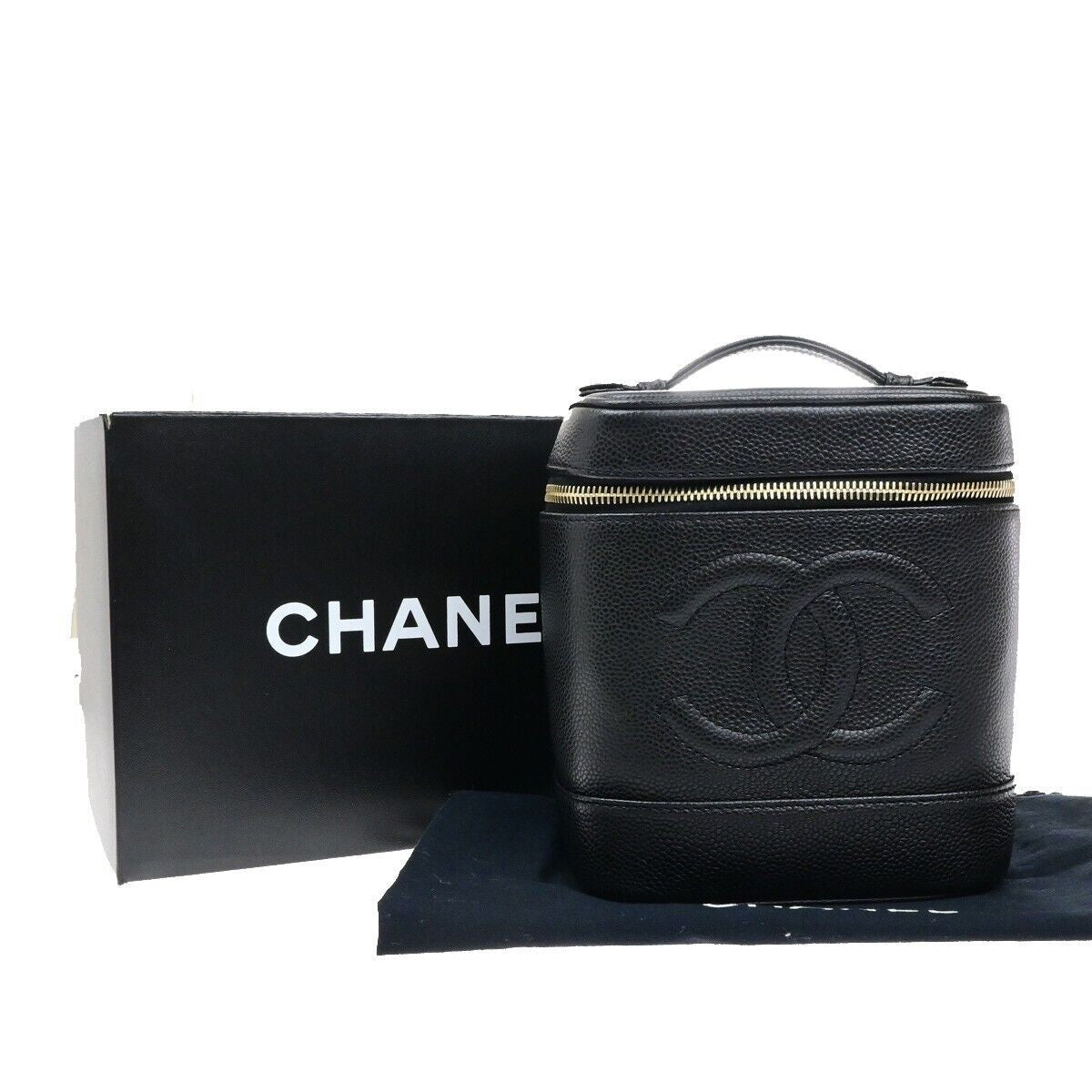 CHANEL CC Vanity Cosmetic Hand Bag Grained Calfskin Leather Black GHW 666RK912