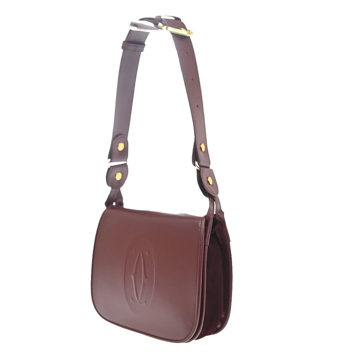 CARTIER 2C Logo Shoulder Bag Leather Suede Red Burgundy GHW France 80RL955