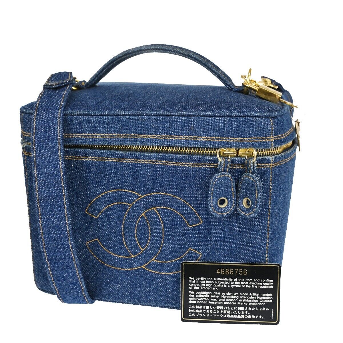 CHANEL CC Logo 2Way Shoulder Hand Vanity Bag Denim Leather Blue Vintage 744RH823