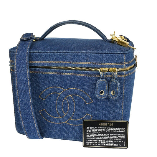 CHANEL CC Logo 2Way Shoulder Hand Vanity Bag Denim Leather Blue Vintage 744RH823