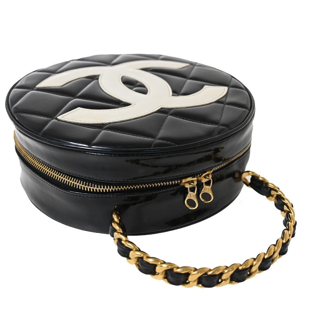 CHANEL CC Matelasse Round Vanity Chain Hand Bag Patent Leather Black 6820LC438