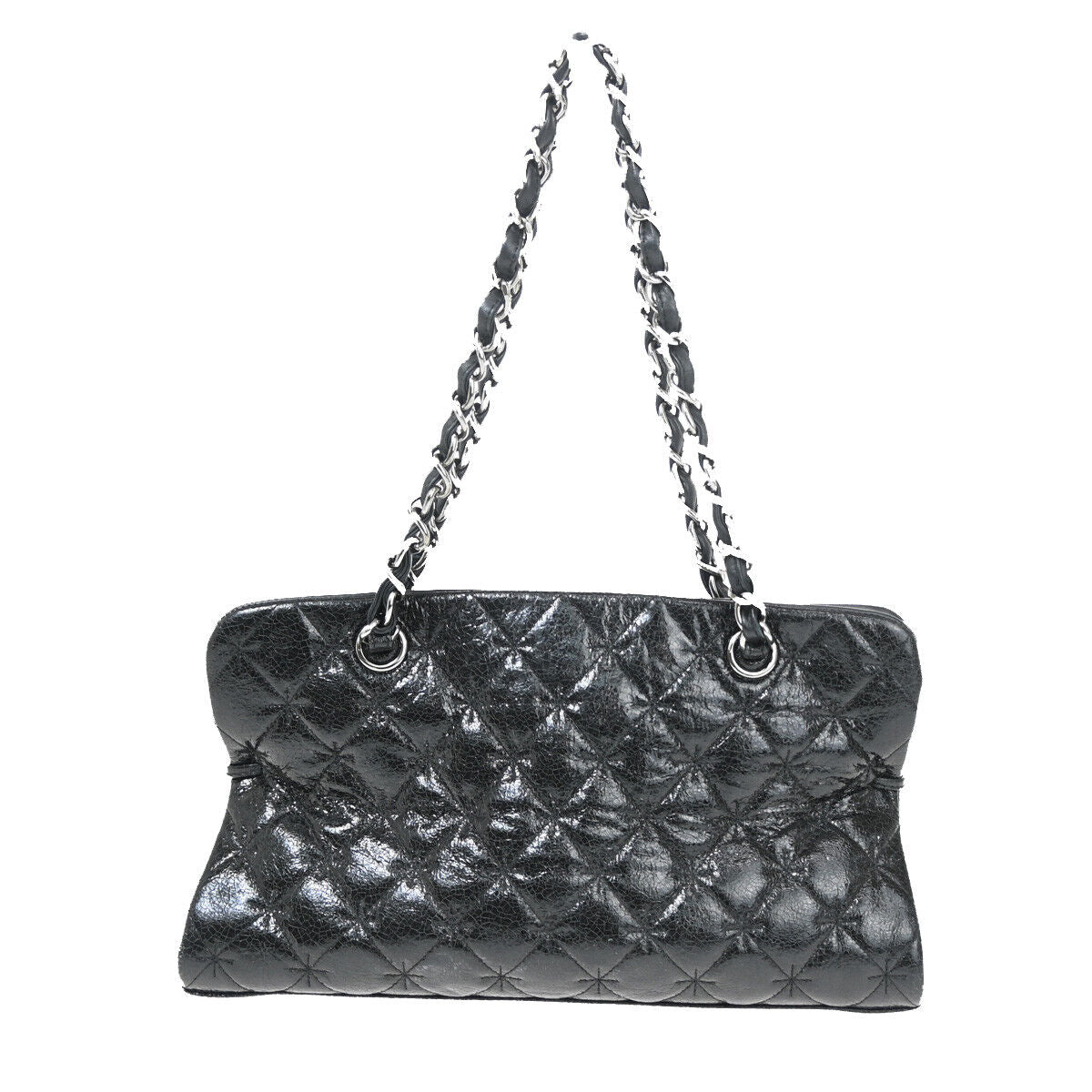 CHANEL Logo 2.55 Chain Shoulder Bag Patent Leather Black SHW 691RJ755