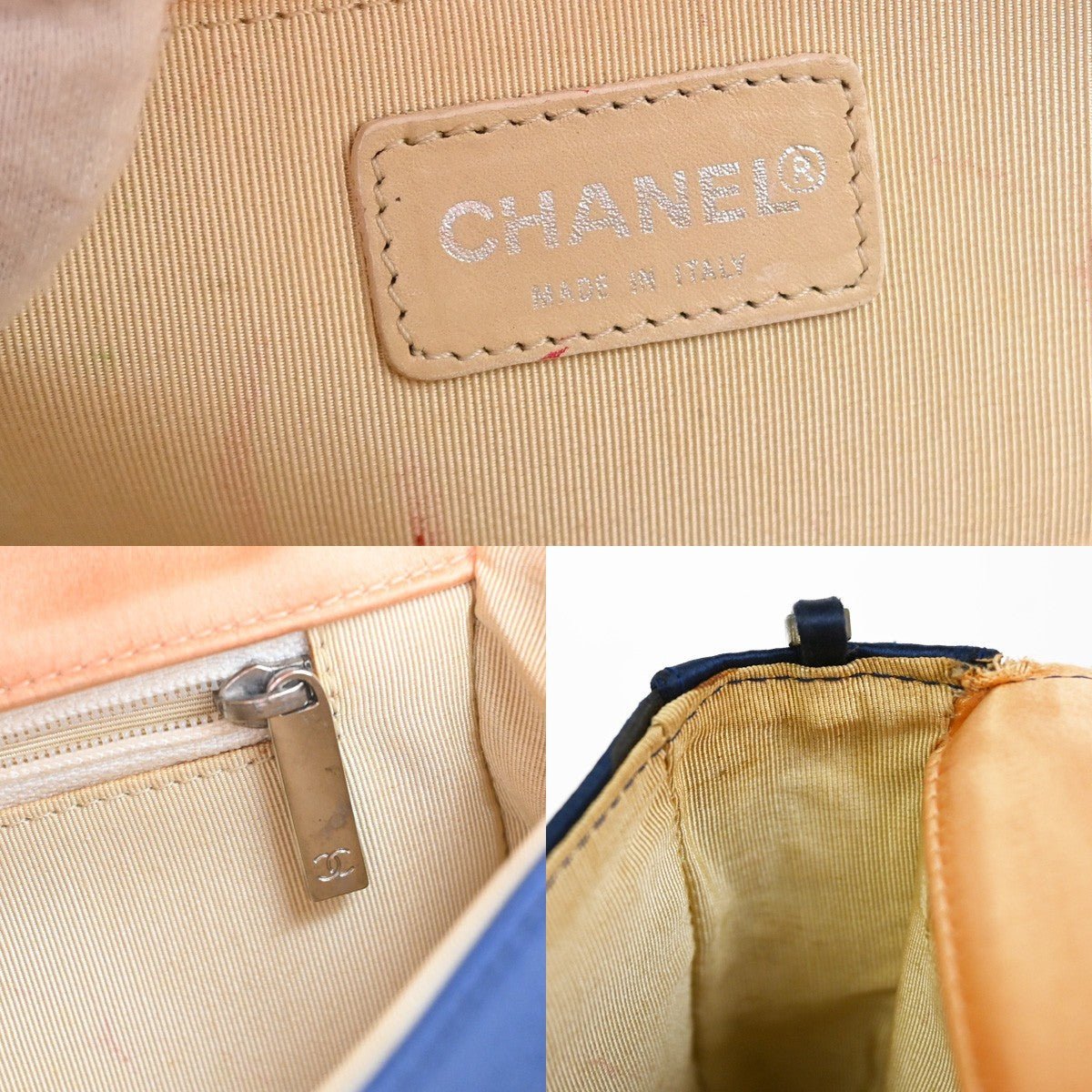 CHANEL Chocolate Bar Chain Shoulder Bag Satin Leather Blue SHW Italy 50RQ027
