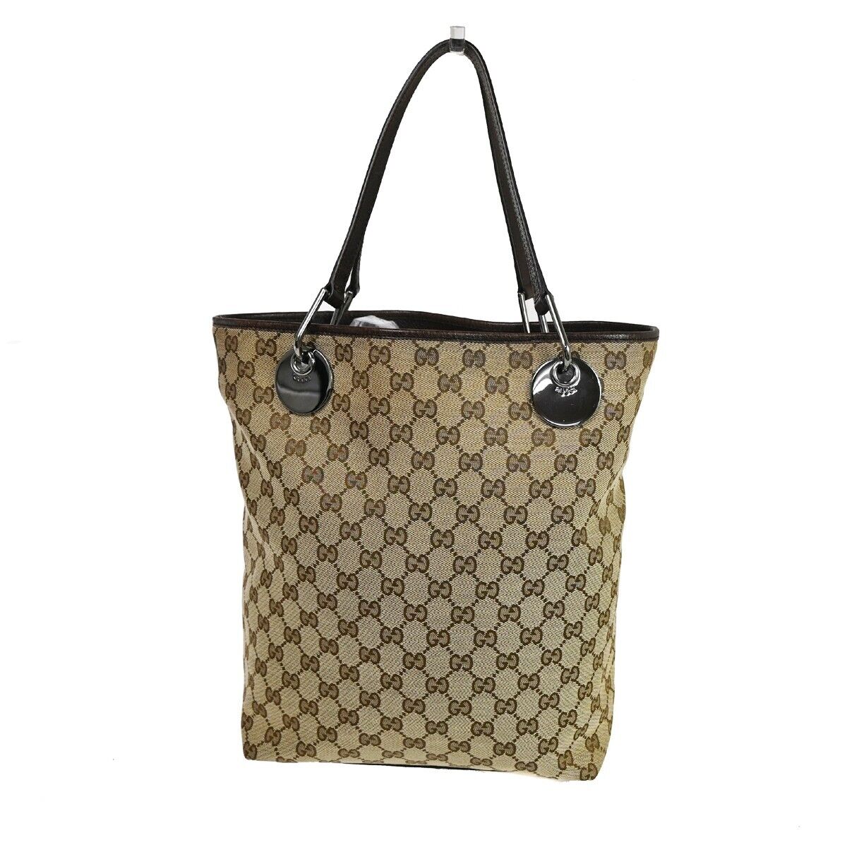 GUCCI Logo GG Pattern Shoulder Bag Canvas Leather Brown Silver Italy 61ED285