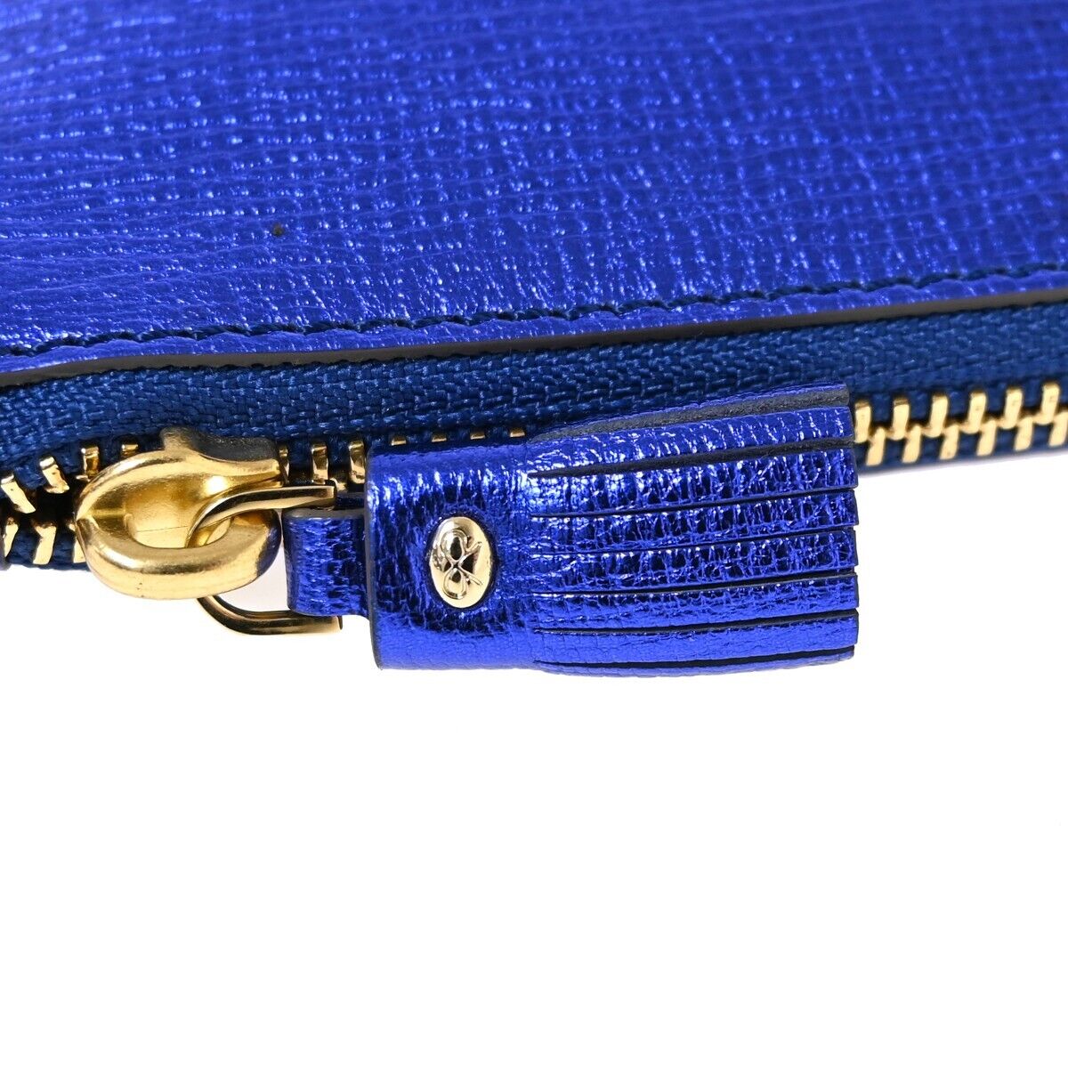 ANYA HINDMARCH Logo Smiley Wink Fringe Mini Clutch Hand Bag Leather Blue 02HB219