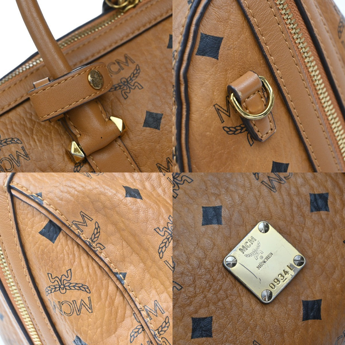 MCM Logo Travel Hand Bag Leather Brown Gold Plated 61EG132
