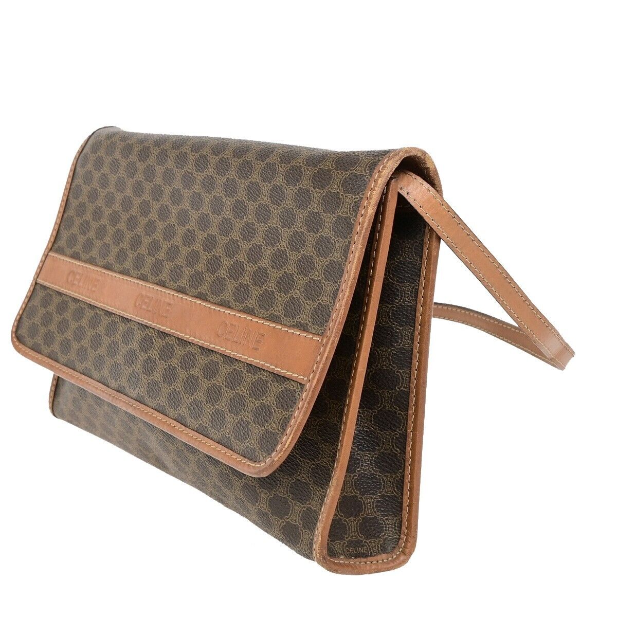 CELINE Logo Macadam Pattern Shoulder Bag PVC Leather Brown GHW Italy 65FB173