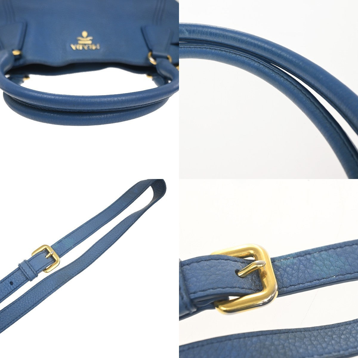 PRADA Logo 2way Shoulder Hand Bag Vitello Daino Leather Blue GHW 76MA442