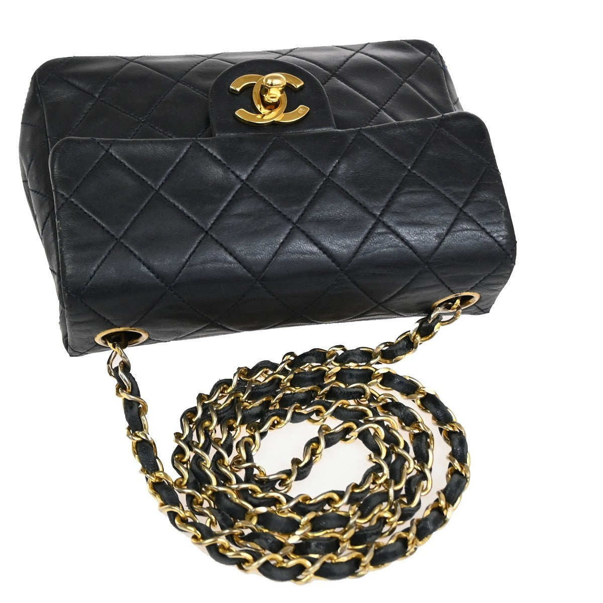 CHANEL CC Mini Matelasse Chain Shoulder Bag Leather Navy Blue GHW 310RL917