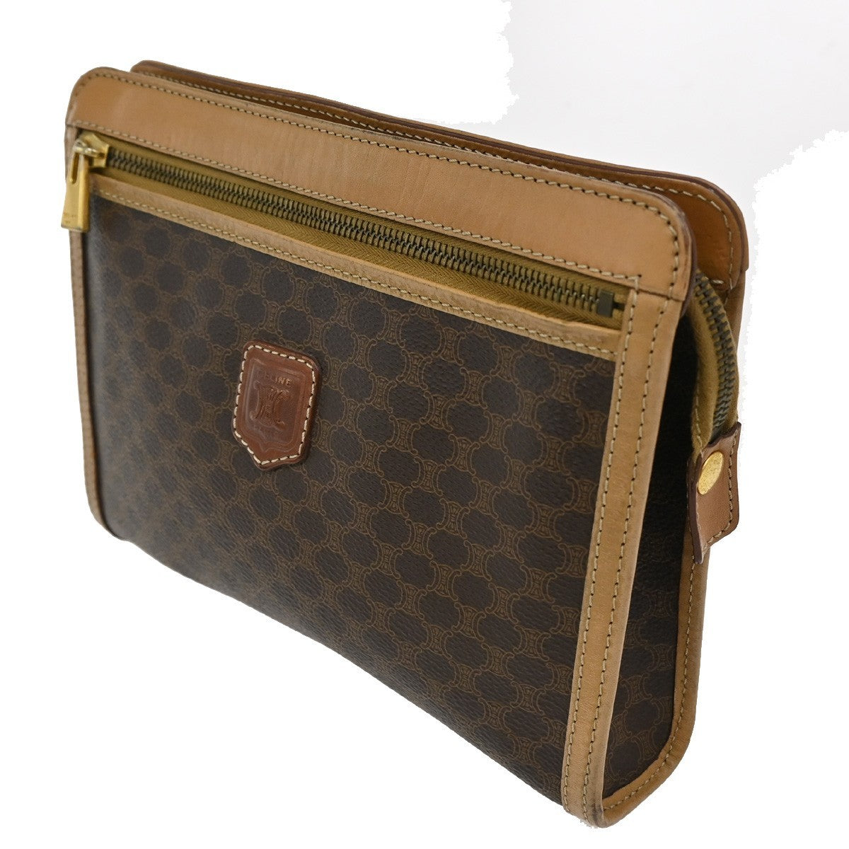 30.Live CELINE Macadam Pattern Clutch Pouch Bag PVC Leather Brown Italy 09KB626
