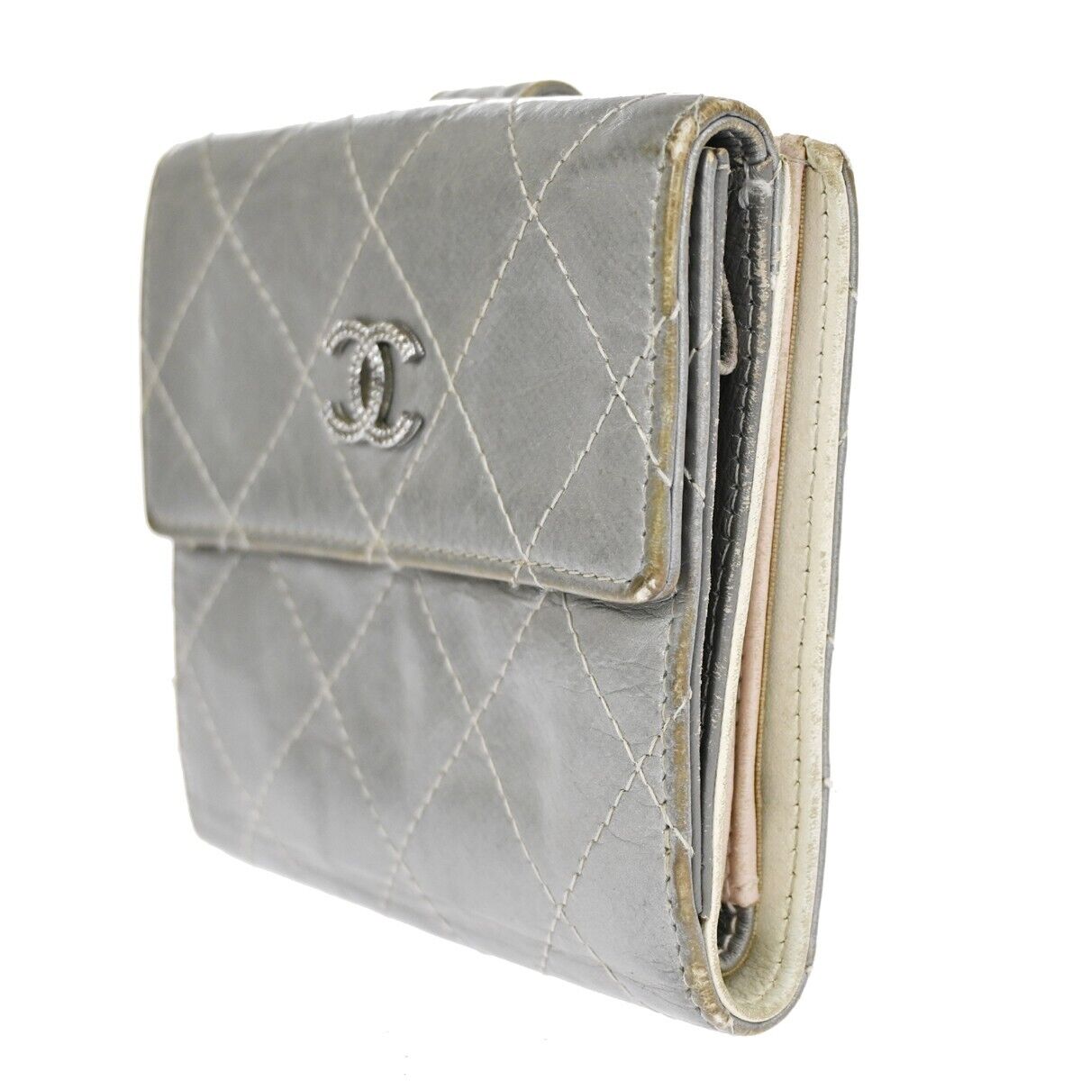 CHANEL CC Logo Matelasse Bifold Wallet Purse Leather Silver SHW Italy  04HB384