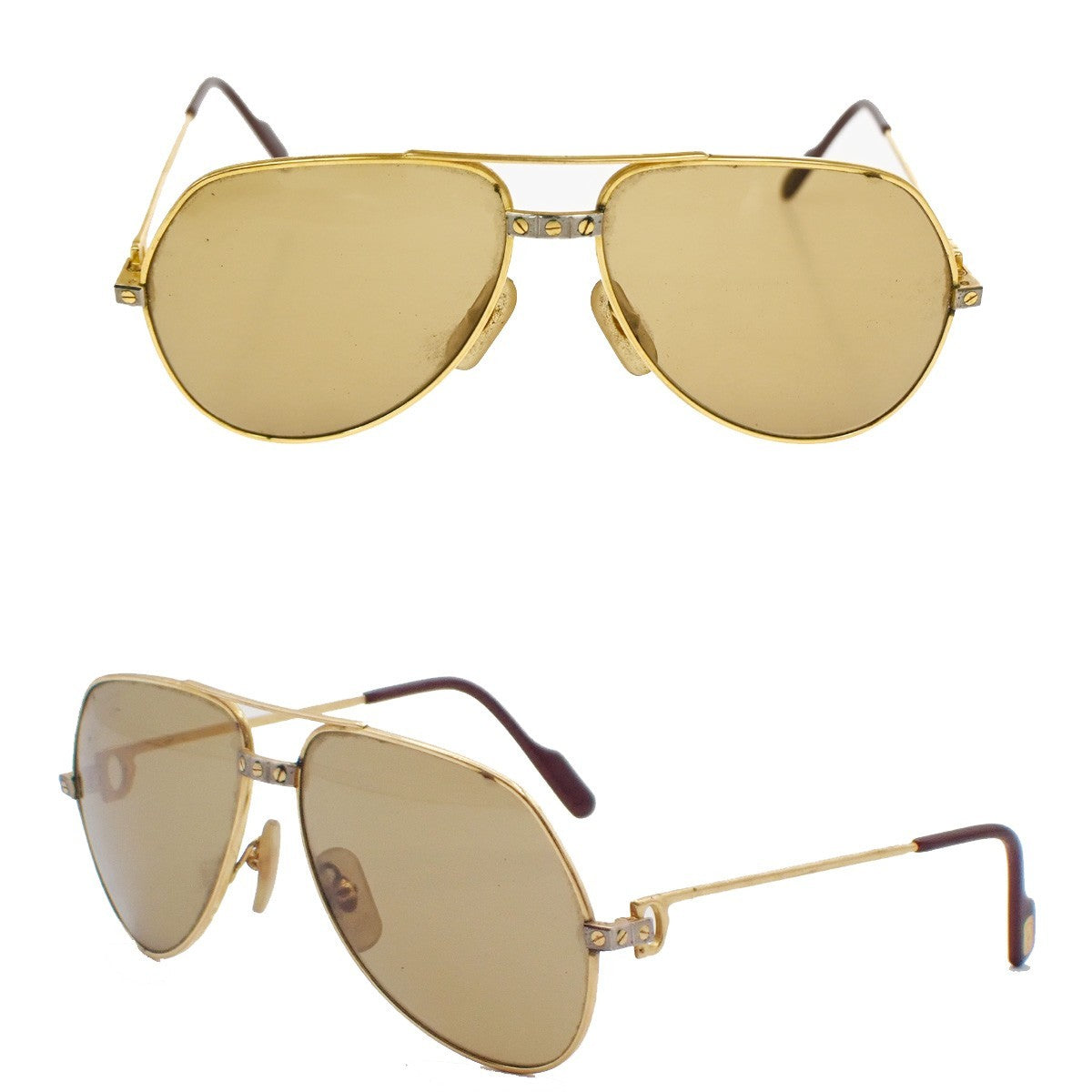 CARTIER Logos Sunglasses Eye Wear Metal Plastic Gold Brown France 64CA892