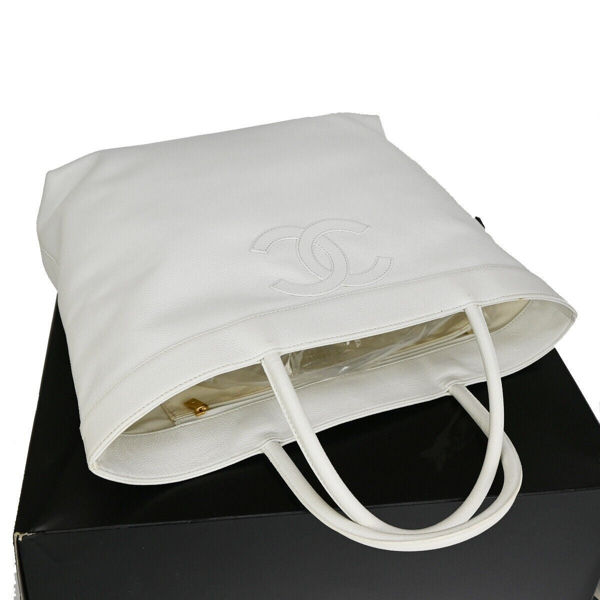 CHANEL CC Shoulder Hand Tote Bag Grained Calfskin Leather White GHW 21RJ365
