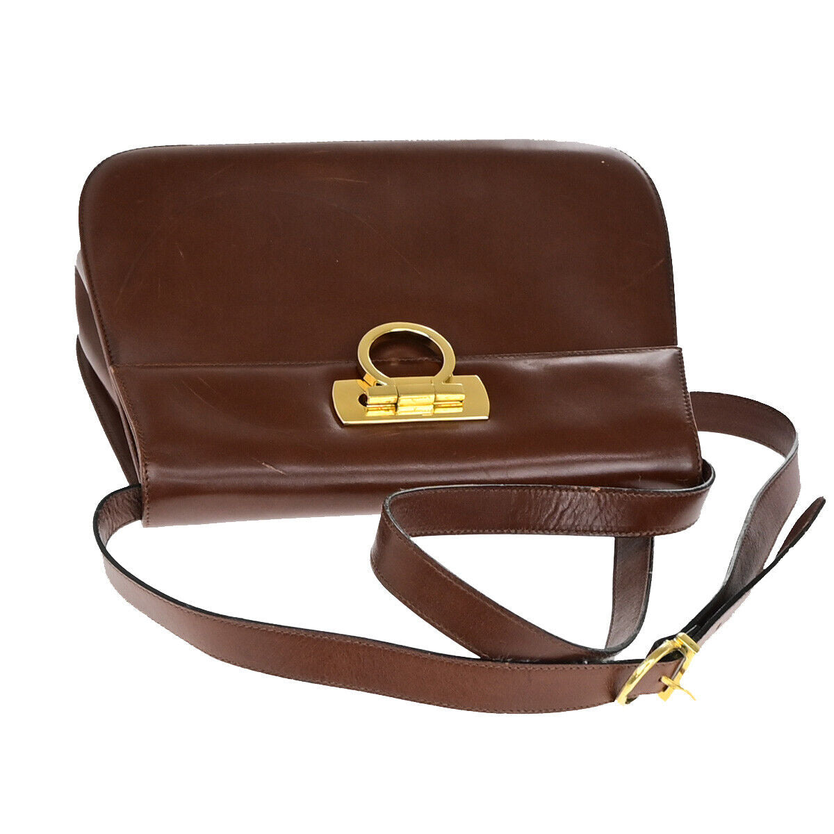 SALVATORE FERRAGAMO Logo Gancini Shoulder Bag Leather Brown GHW Italy 67YE859