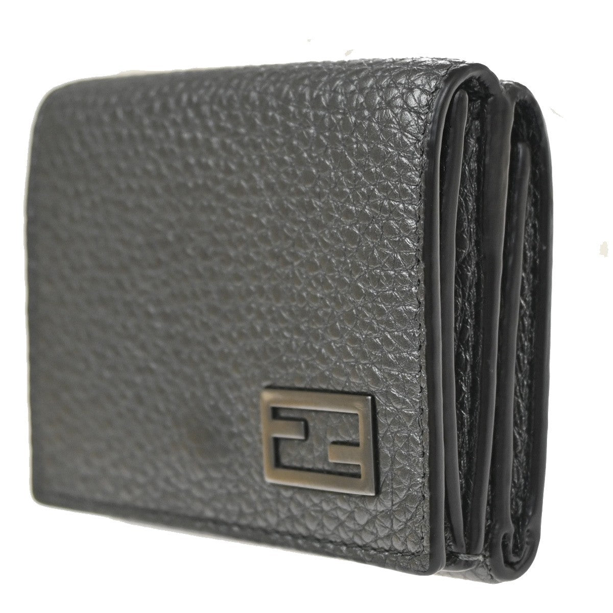 FENDI Logo Mini Trifold Campact Wallet Purse Leather Gray SHW Italy 31CA863