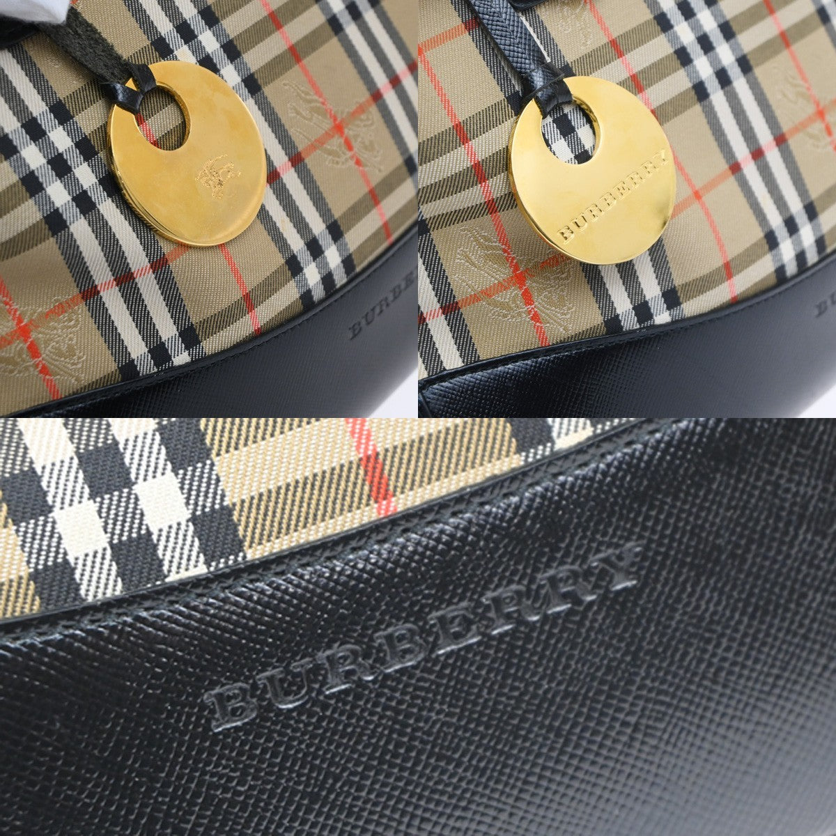 BURBERRY Logo Nova Check Tote Hand Bag Canvas Leather Beige Black GHW 87RL996