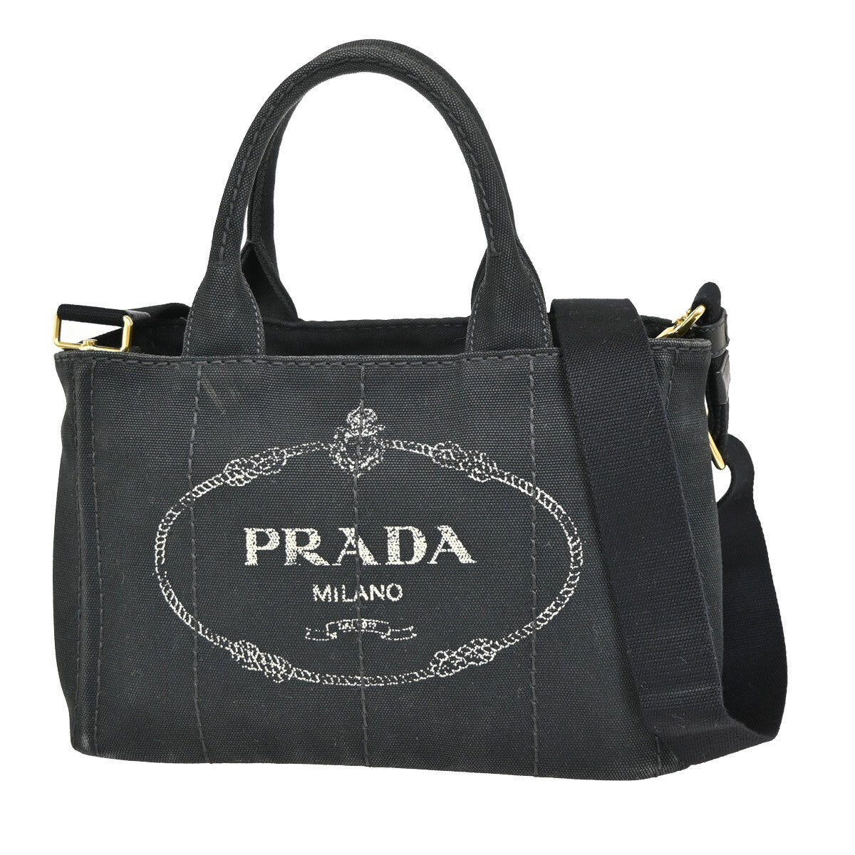 PRADA Logo Canapa 2Way Shoulder Hand Bag Canvas Leather Black GHW Italy 77EE255