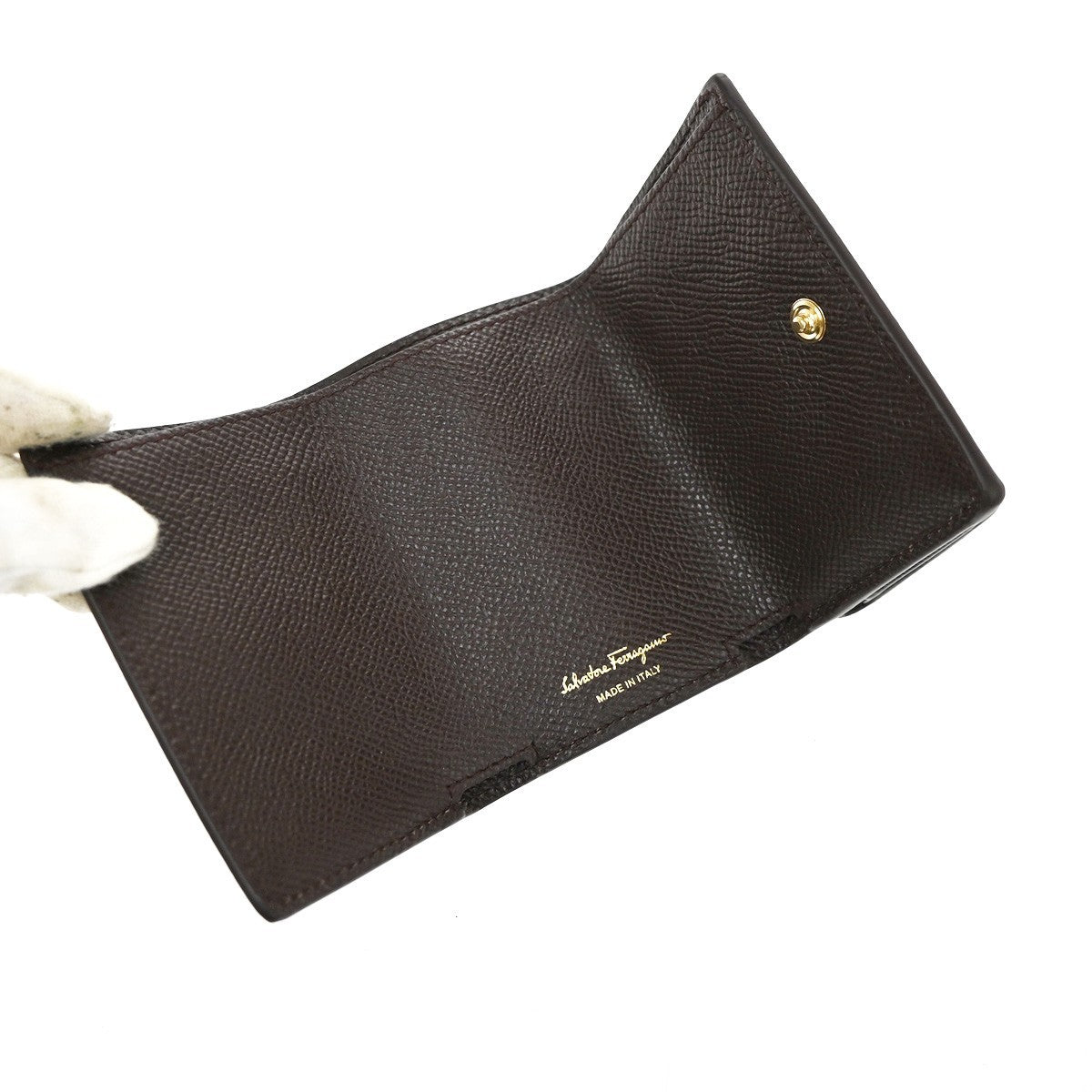 SALVATORE FERRAGAMO Logo Vara Gancini Trifold Wallet Leather Brown Italy 64RL967