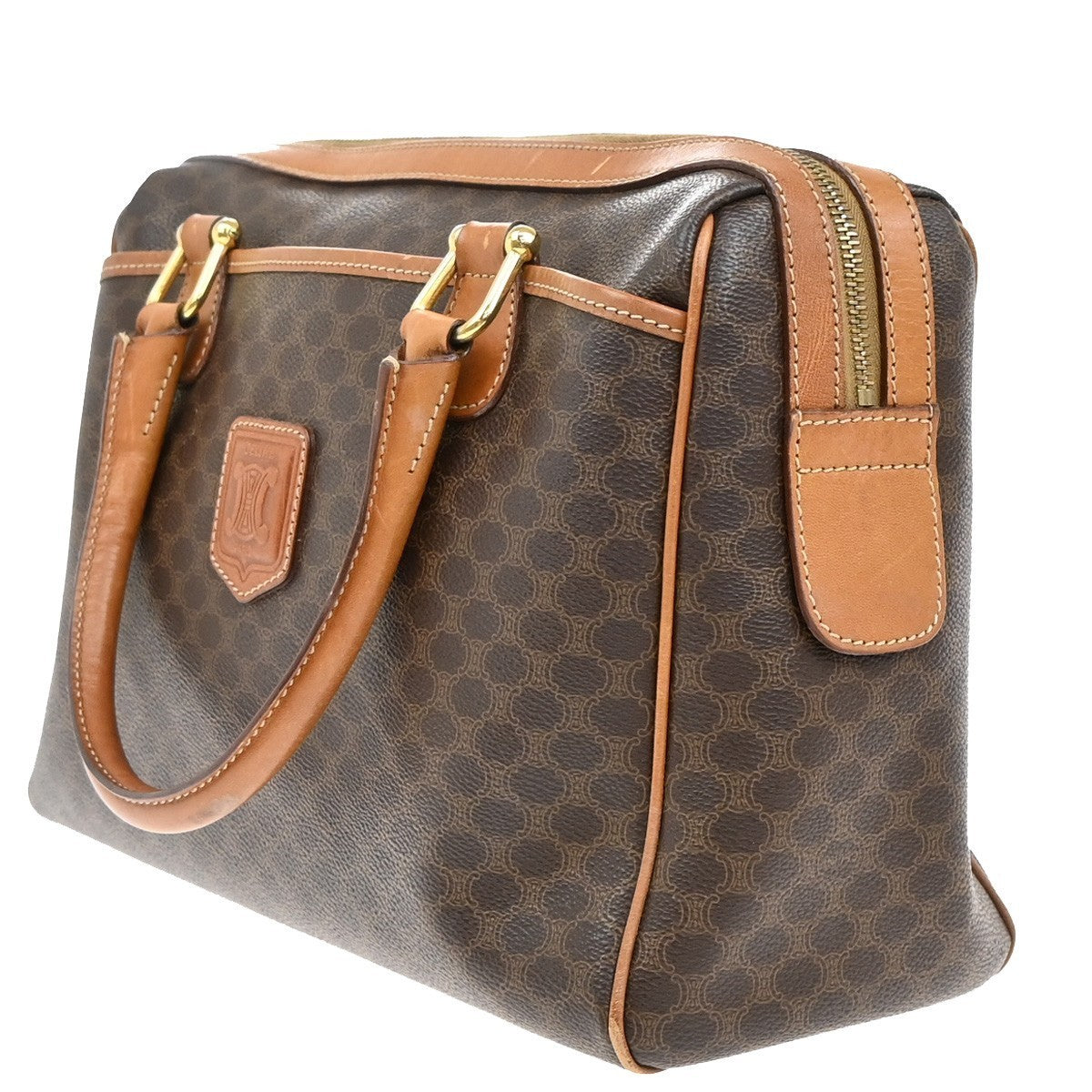 CELINE Logo Macadam Pattern Travel Hand Boston Bag PVC Leather Brown 69KB421