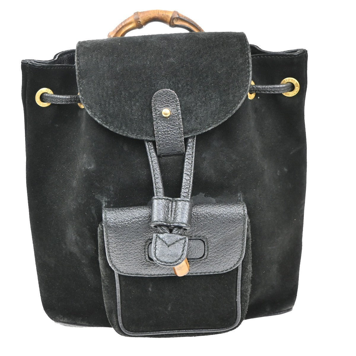 GUCCI Logo GG Pattern Bamboo Backpack Bag Suede Canvas Black SHW Italy 62CA501