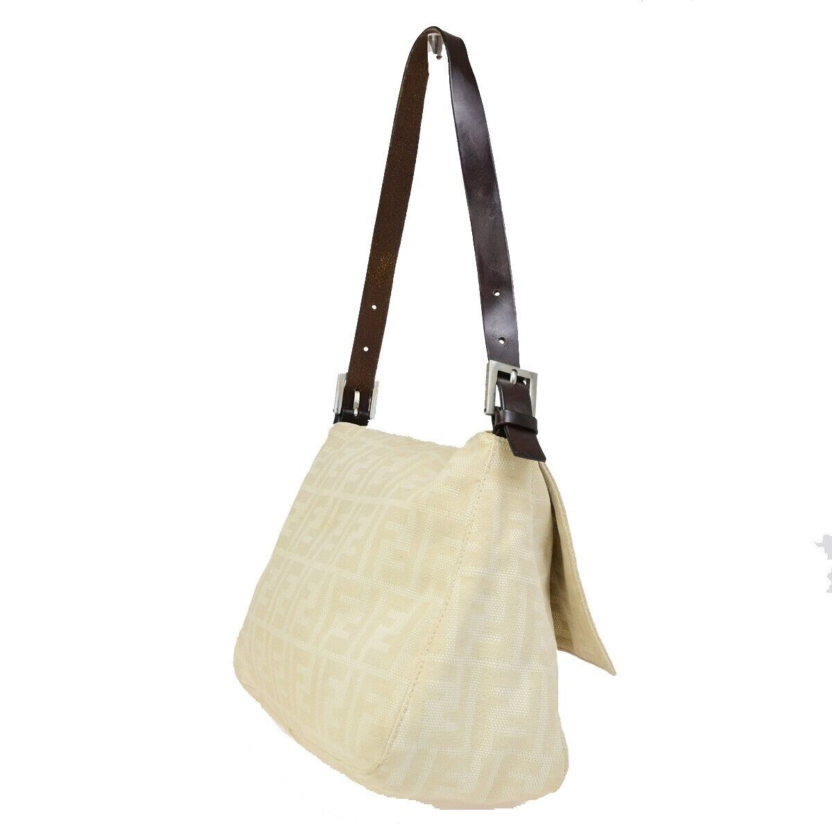 FENDI Zucca Zucchino Pattern Shoulder Bag Canvas Leather Beige Brown 34KA489
