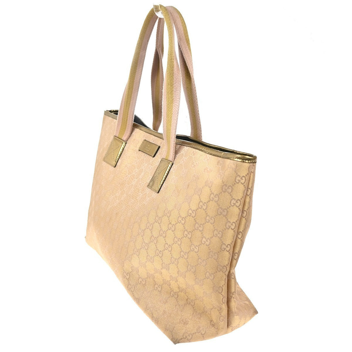 GUCCI GG Logo Canvas Shoulder Tote Bag Canvas Leather Gold Italy 34CA678