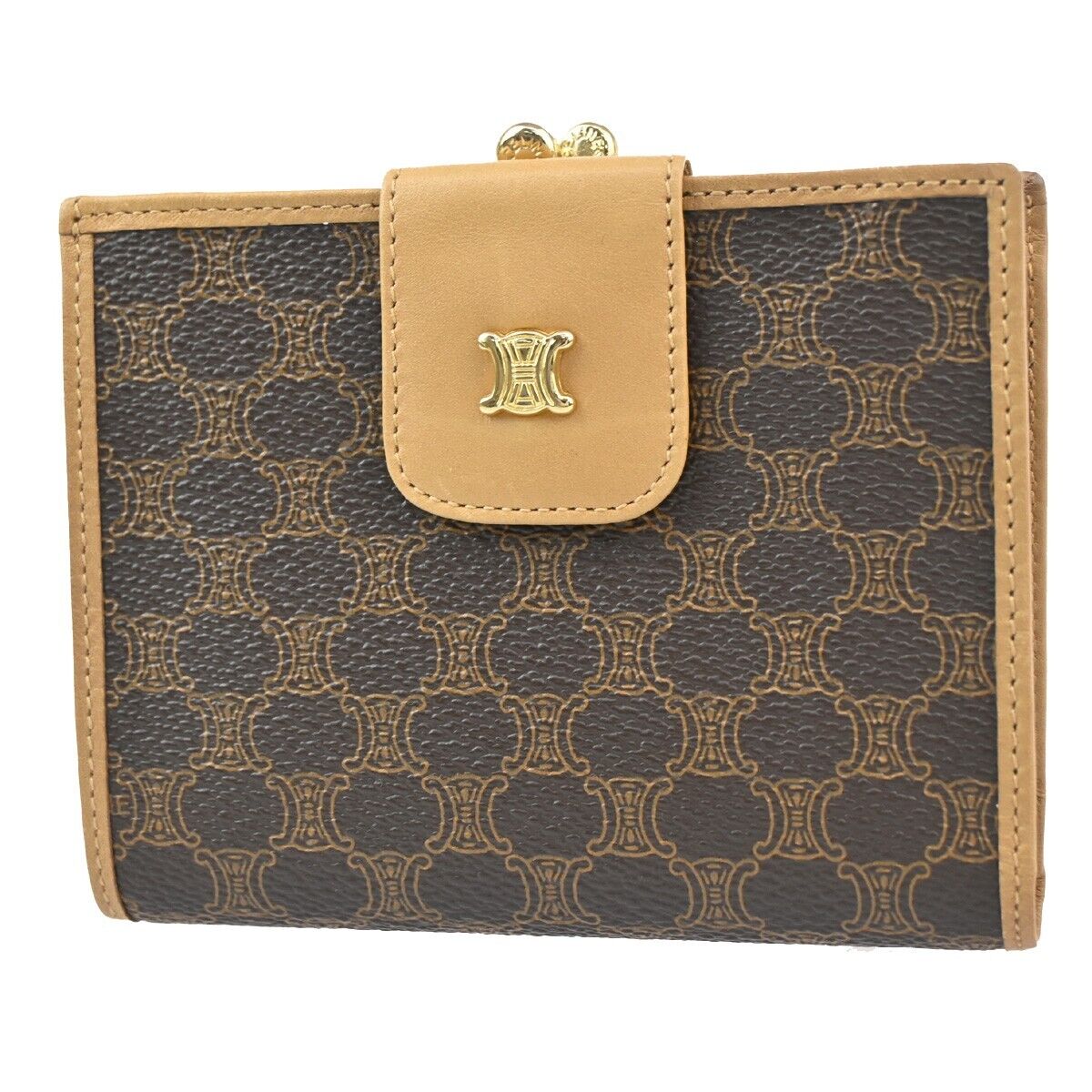 CELINE Logo Macadam Pattern Bifold Wallet PVC Leather Brown Italy 02EA884
