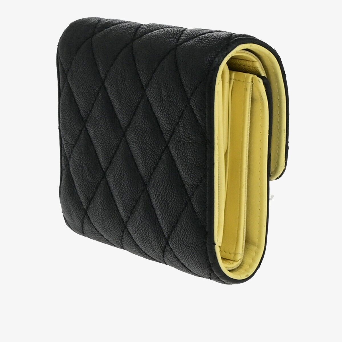 CHANEL CC Logo Matelasse Trifold Compact Wallet Leather Black Yellow 82RK415