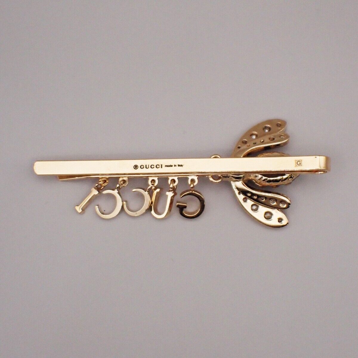 GUCCI Logo Bee Motif Rhinestone Hair Clip Pin Accessory Gold Italy 04YG569