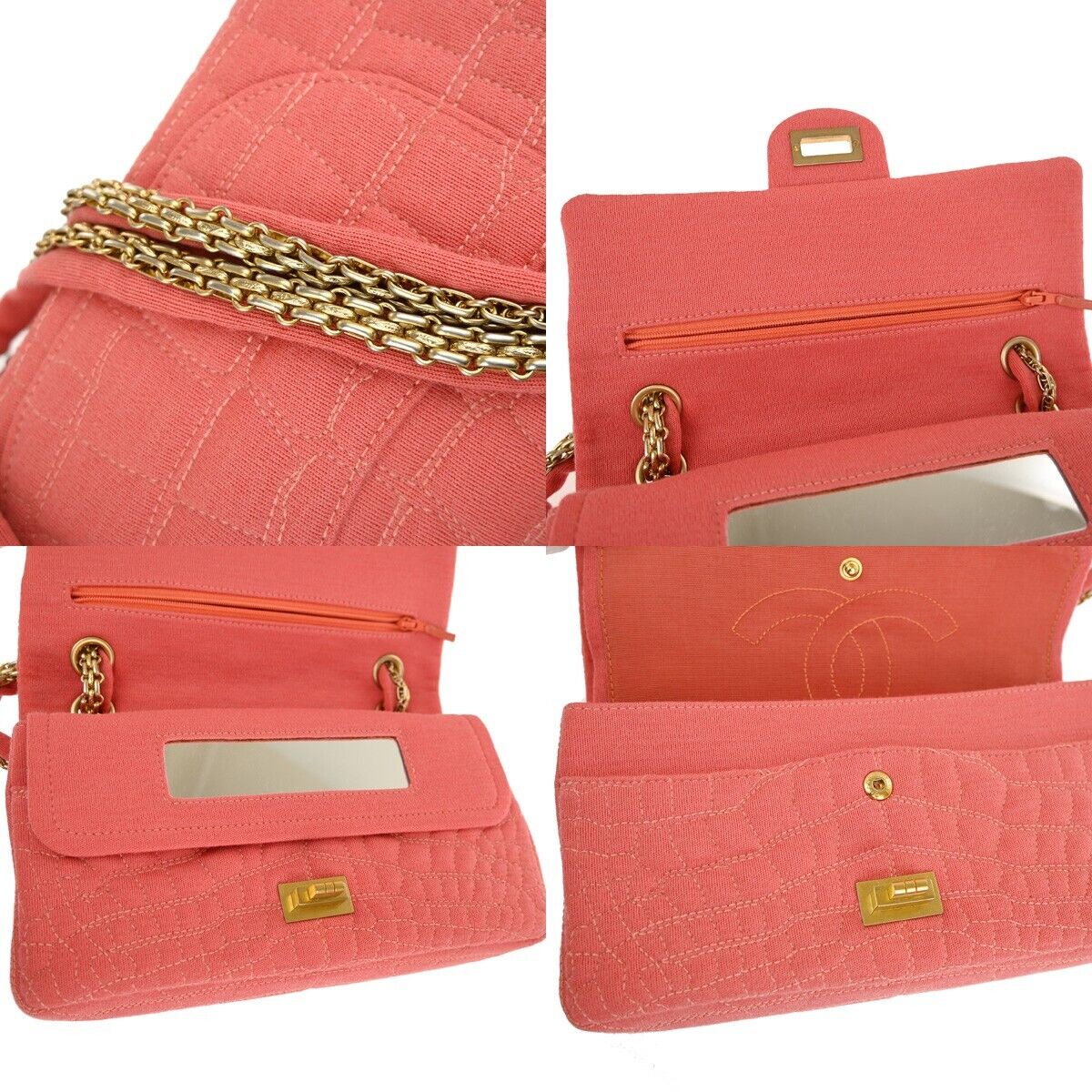 CHANEL Logo 2.55 Double Flap Chain Shoulder Bag Canvas Leather Pink GHW 314RJ738