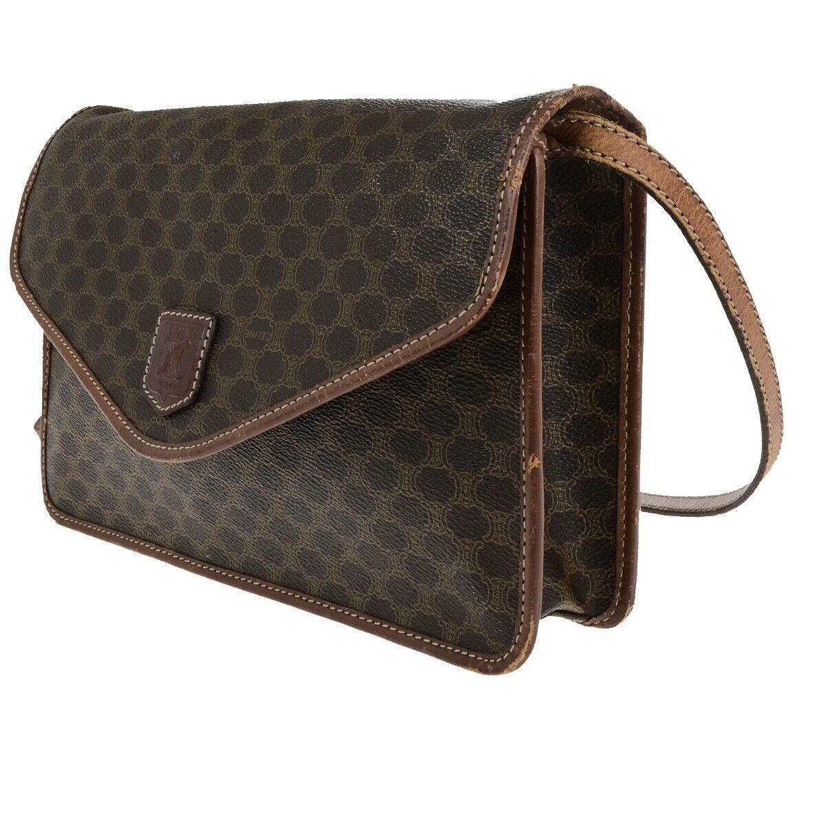 CELINE Logo Macadam Pattern Crossbody Shoulder Bag PVC Leather Brown 05FB242