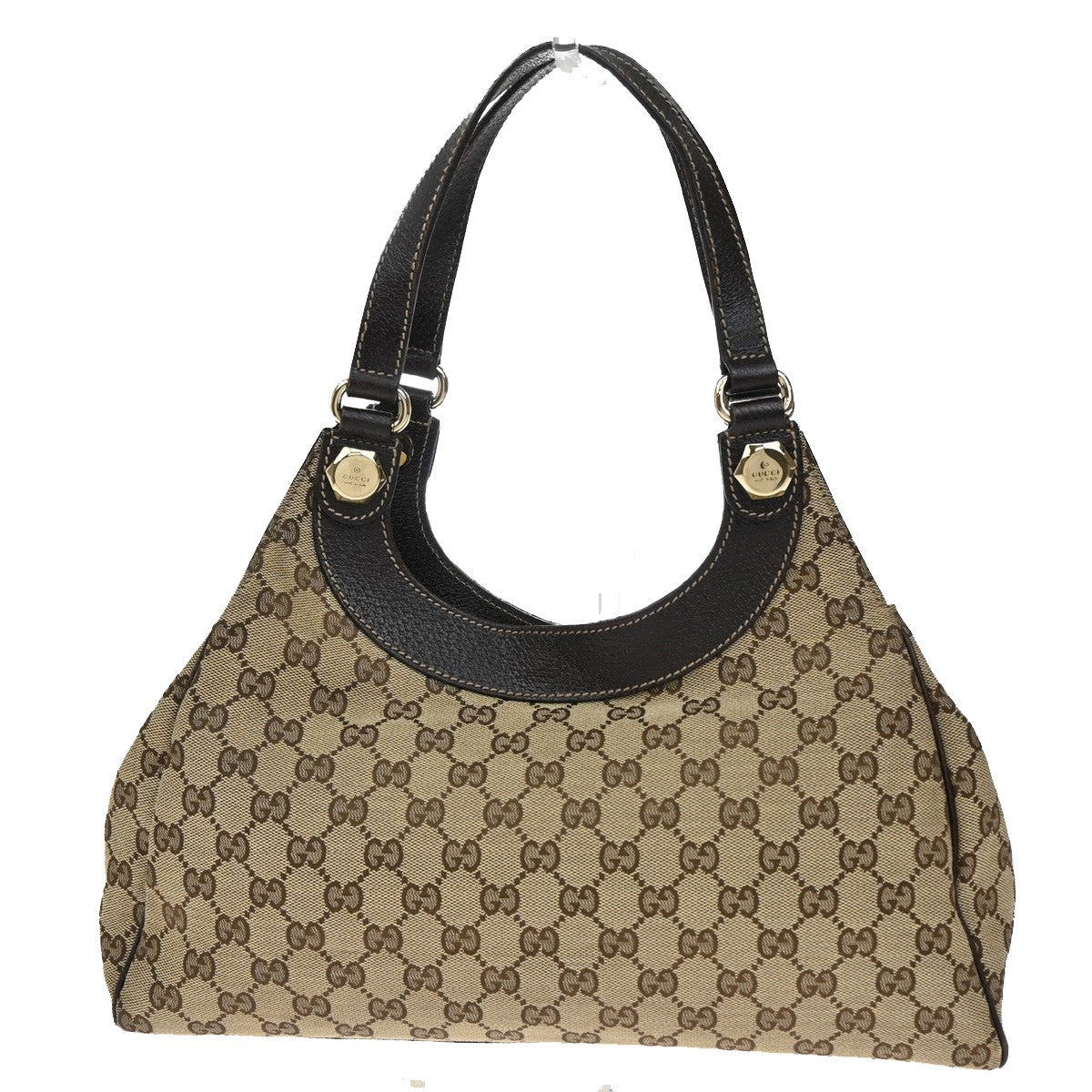 GUCCI Logo GG Pattern Shoulder Bag Canvas Leather Brown GHW Italy 76YH745