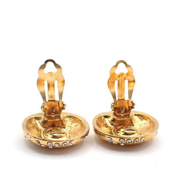 CHANEL Logo Rhinestones Earrings Clip-on Gold France Vintage 36RL872