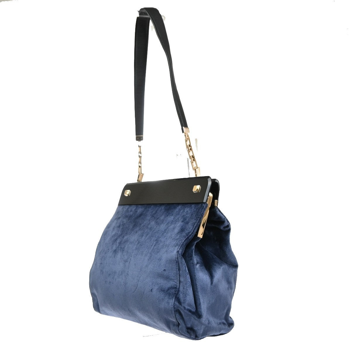 SALVATORE FERRAGAMO Logo Chain Shoulder Bag Velvet Leather Blue GHW 62MA634