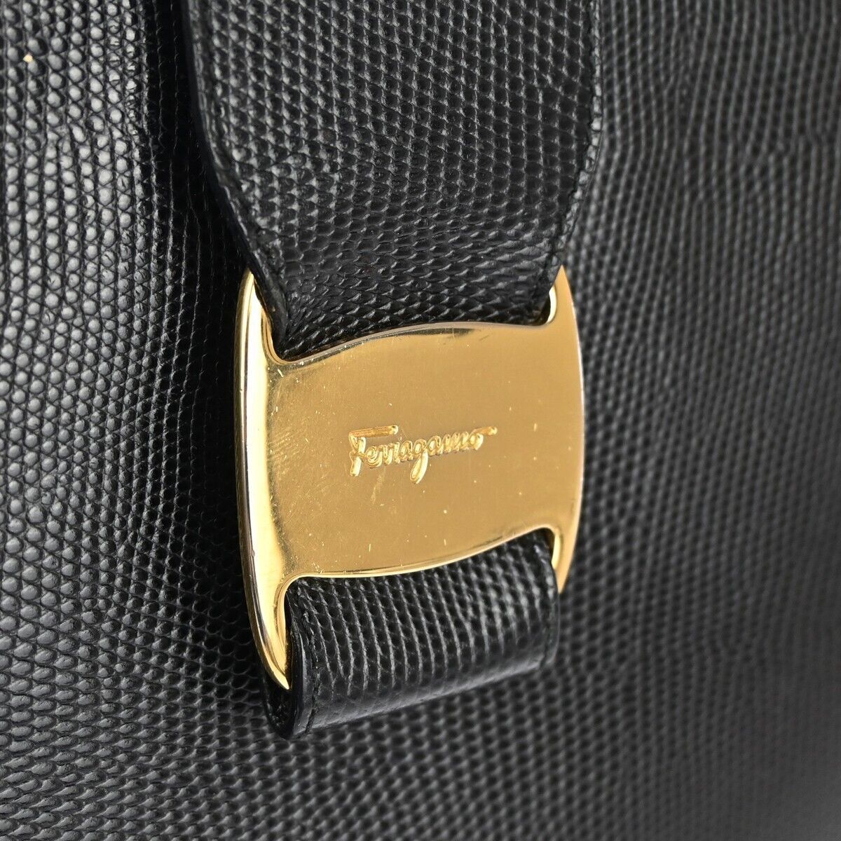 SALVATORE FERRAGAMO Vara Shoulder Tote Bag Embossing Leather Black Italy 02GA132