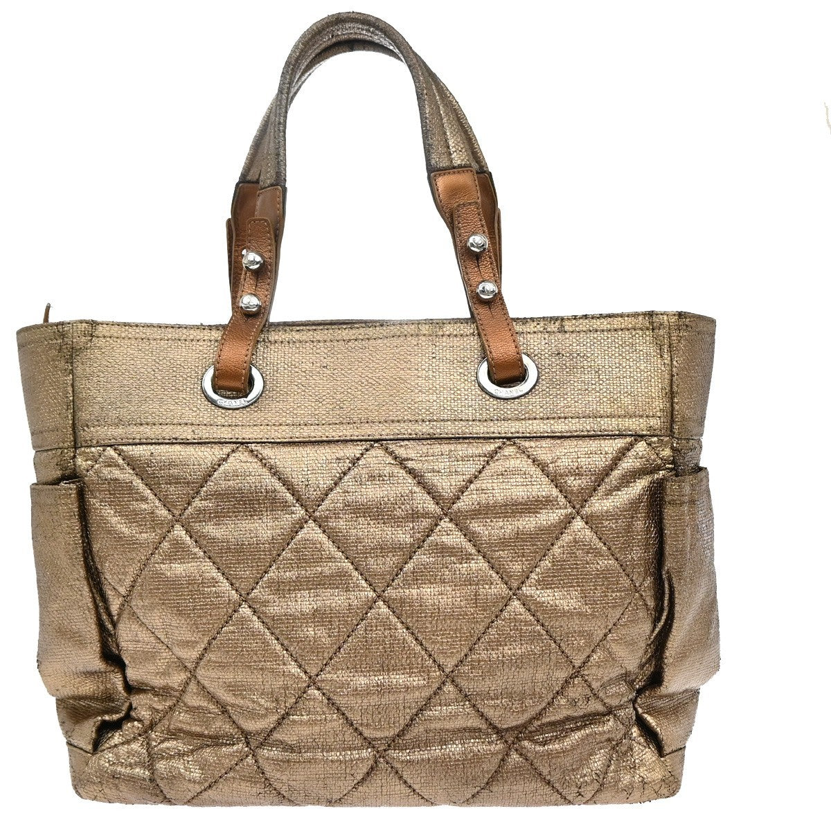 CHANEL CC Paris Biarritz Shoulder Bag Coating Canvas Leather Bronze 603RF988