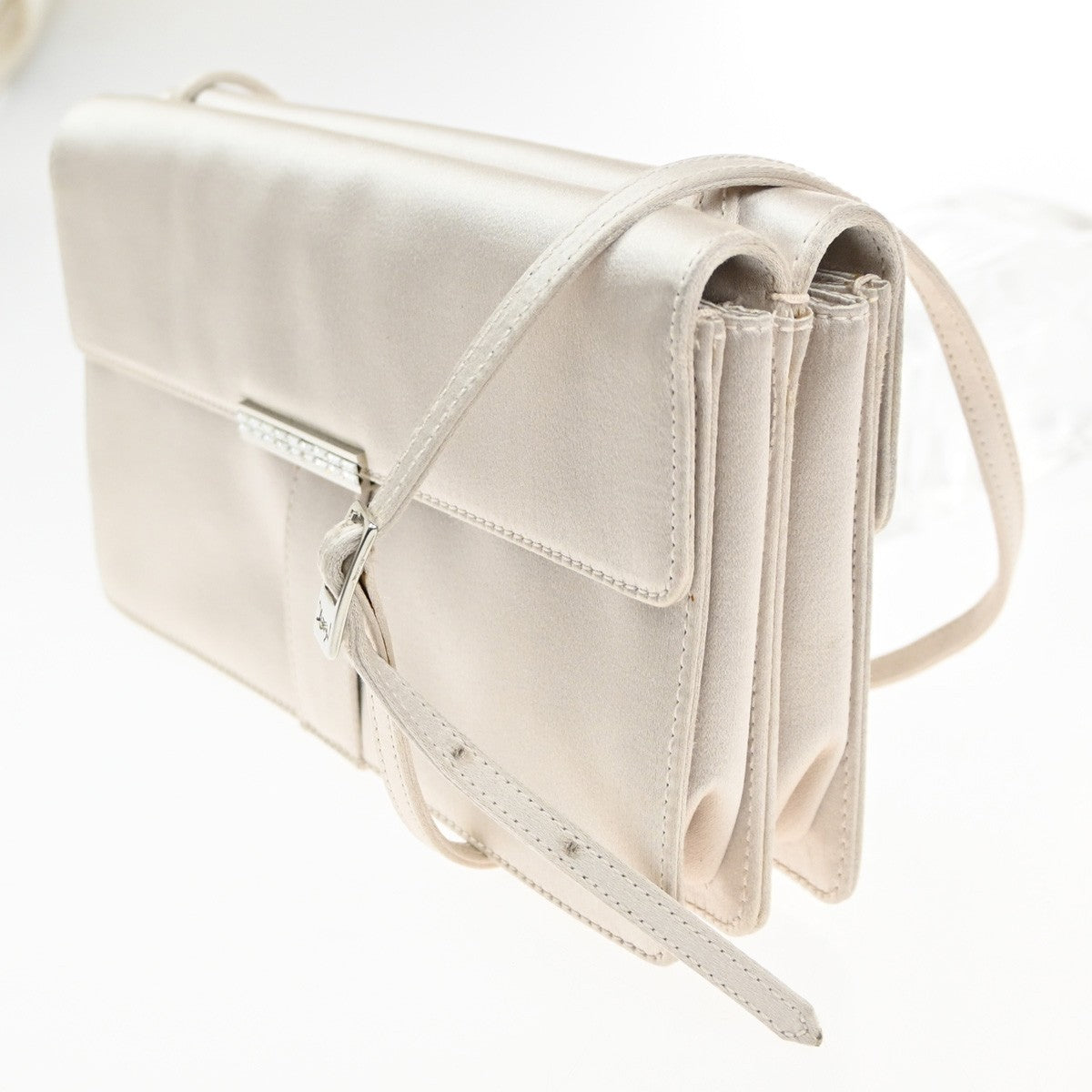 YVES SAINT LAURENT YSL Logo Shoulder Bag Satin Light Beige Italy SHW 82RL766