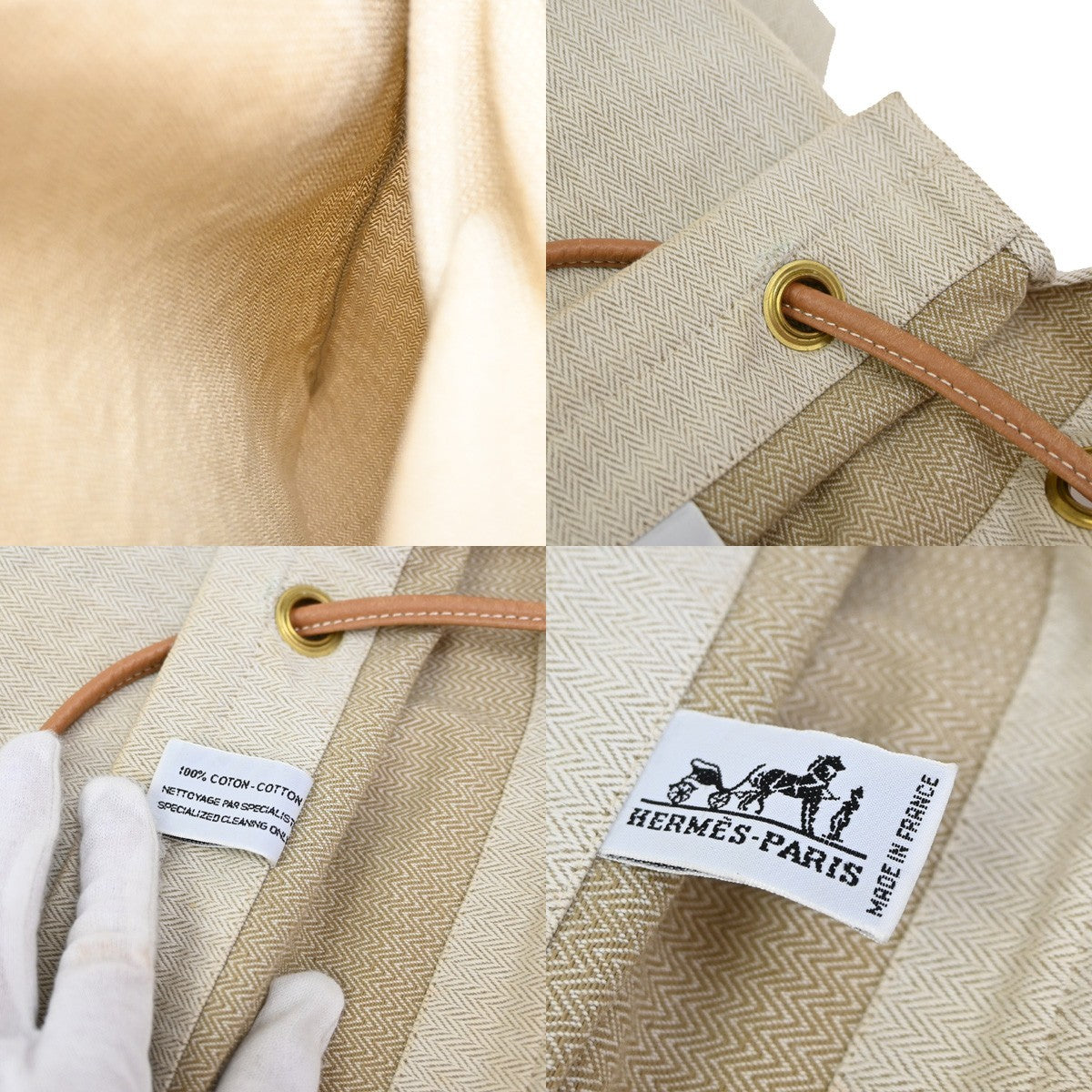HERMES Logo Aline Shoulder Bag Toile Chevrons 100% Cotton Leather Beige 80YJ012