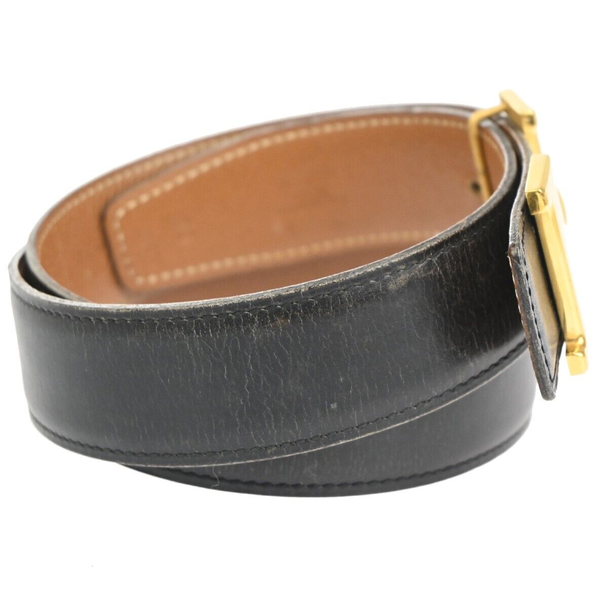 HERMES H Logo Constance Reversible Buckle Belt #68 Leather Black Gold 86YD916