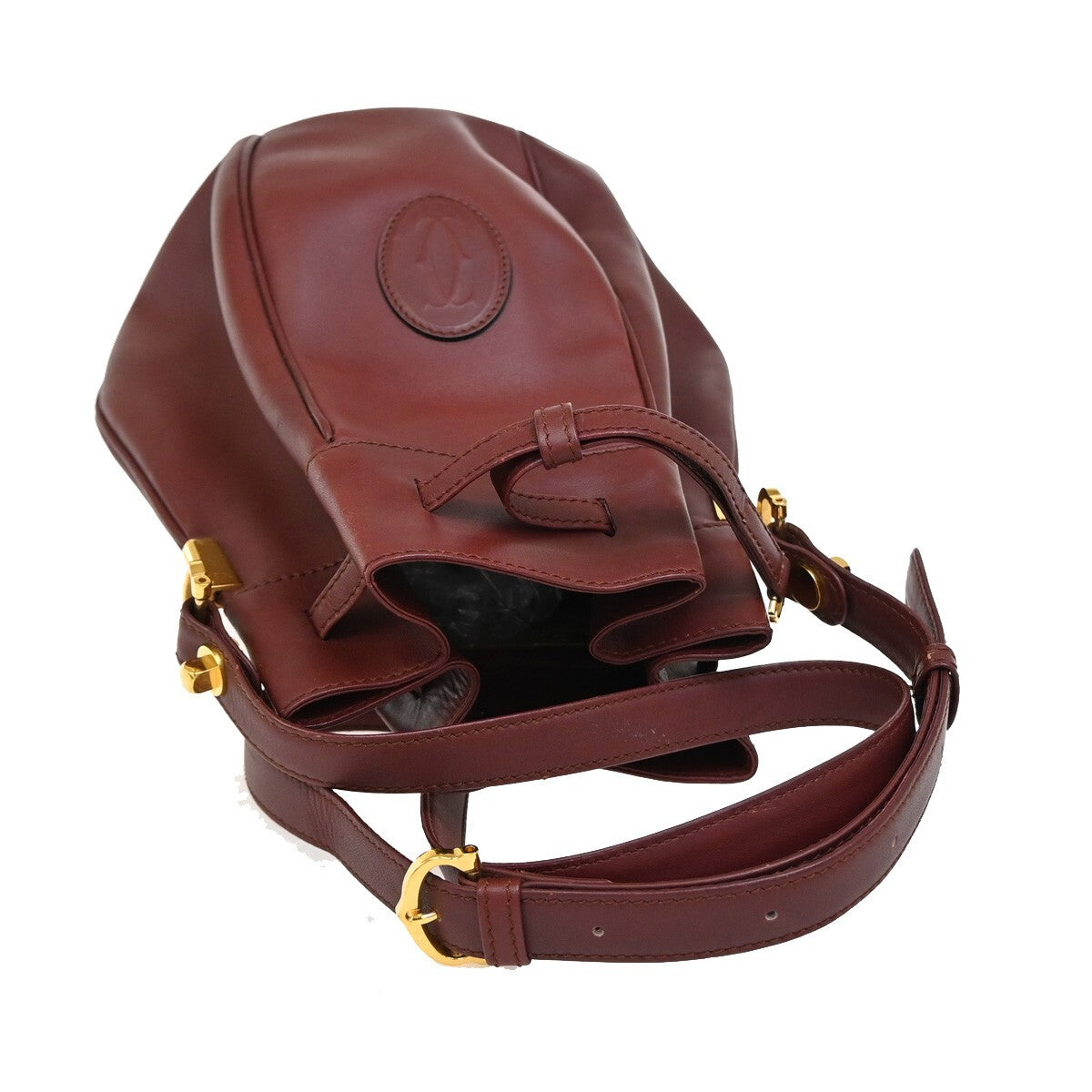 MUST DE CARTIER 2C Logo Drawstring Shoulder Bag Leather Red Gold 38EE280