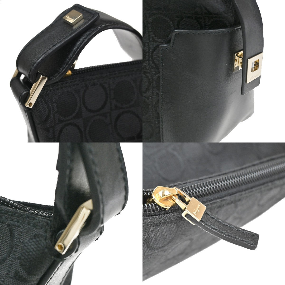 SALVATORE FERRAGAMO Logo Gancini Hand Bag Canvas Leather Black GHW Italy 63CA873