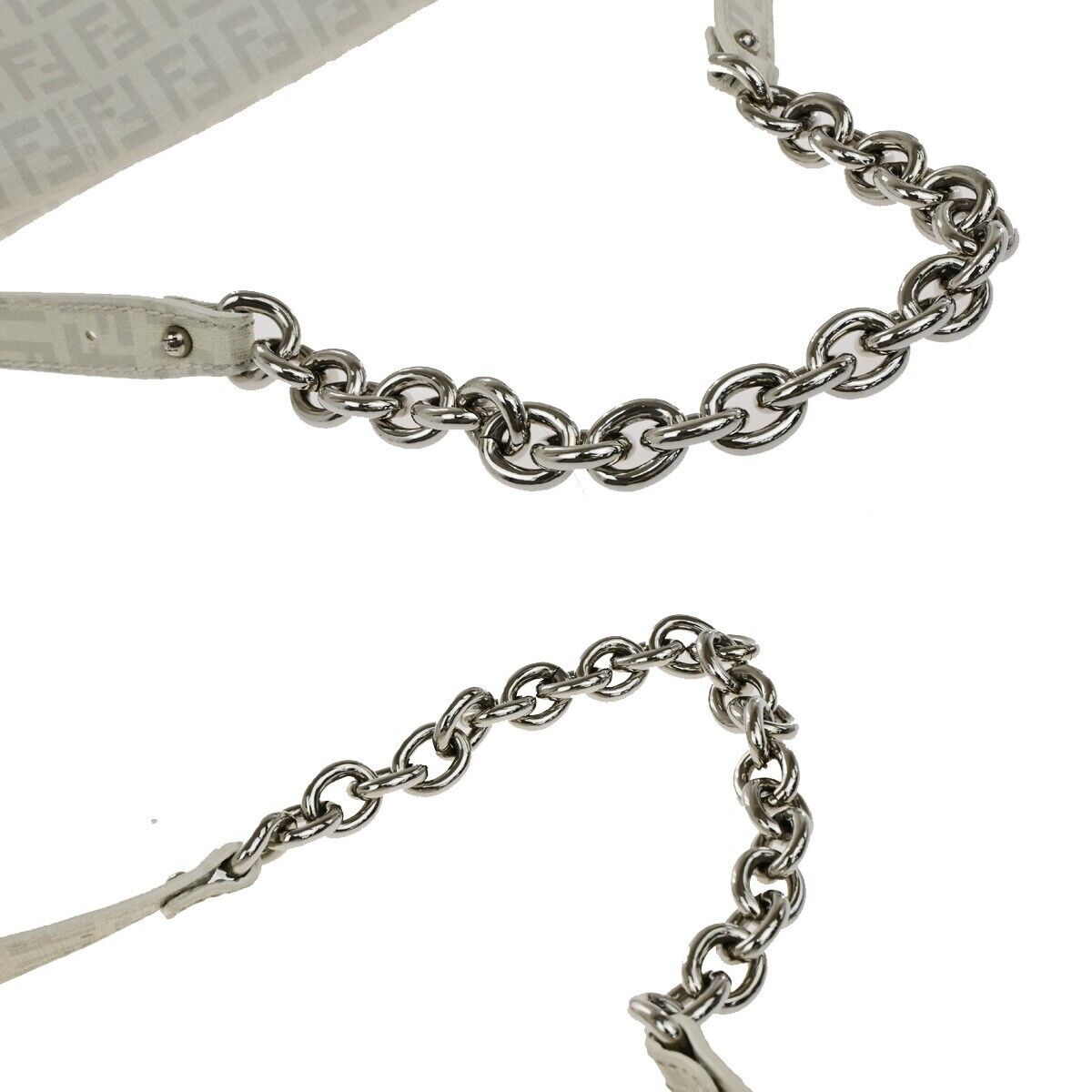 FENDI Logo Mamma Zucchino Pattern Chain Shoulder Bag PVC White Silver 18KA550